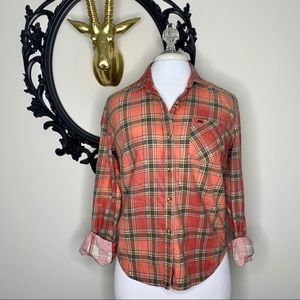 Obey Womens Red Orange Plaid Flannel Shirt